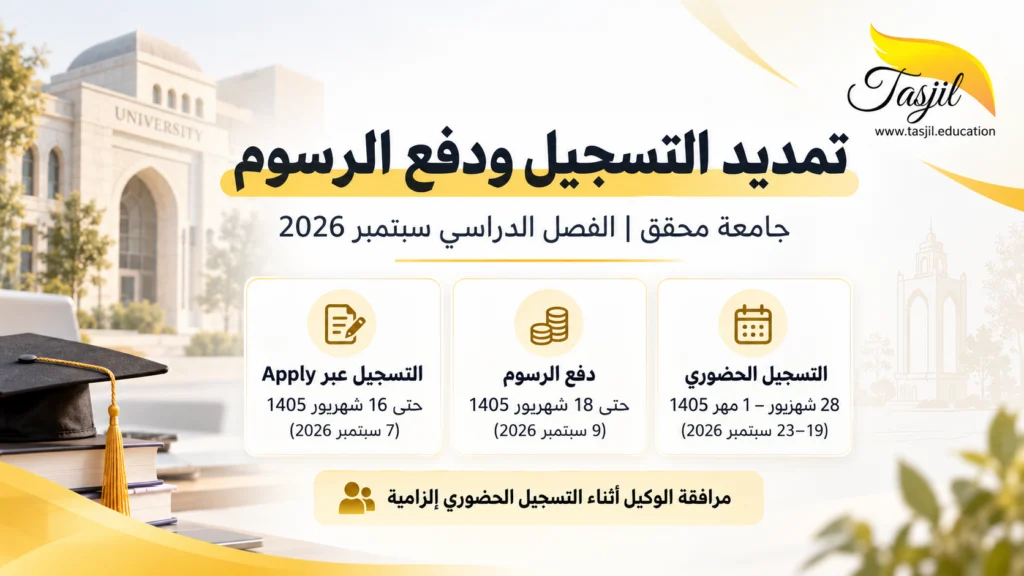جامعة محقق تمدد فترة التسجيل ودفع الرسوم وتعلن موعد التسجيل الحضوري لطلبة الفصل الدراسي سبتمبر 2026